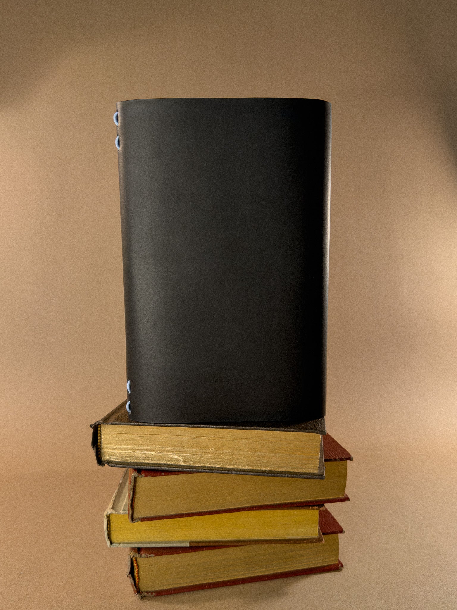 Stack of books with a leather journal on top against a beige background