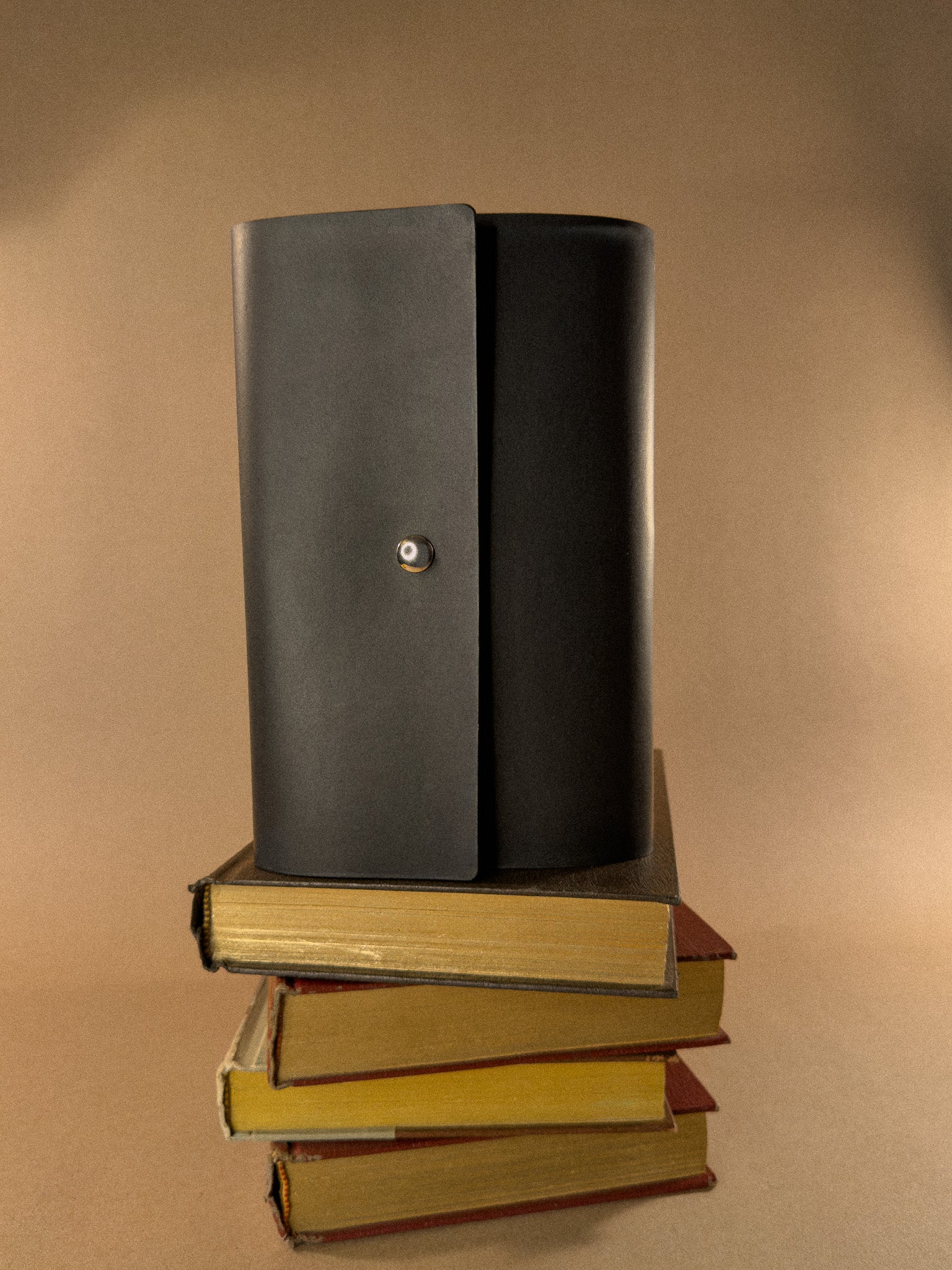 Stack of books with a leather journal on top against a beige background