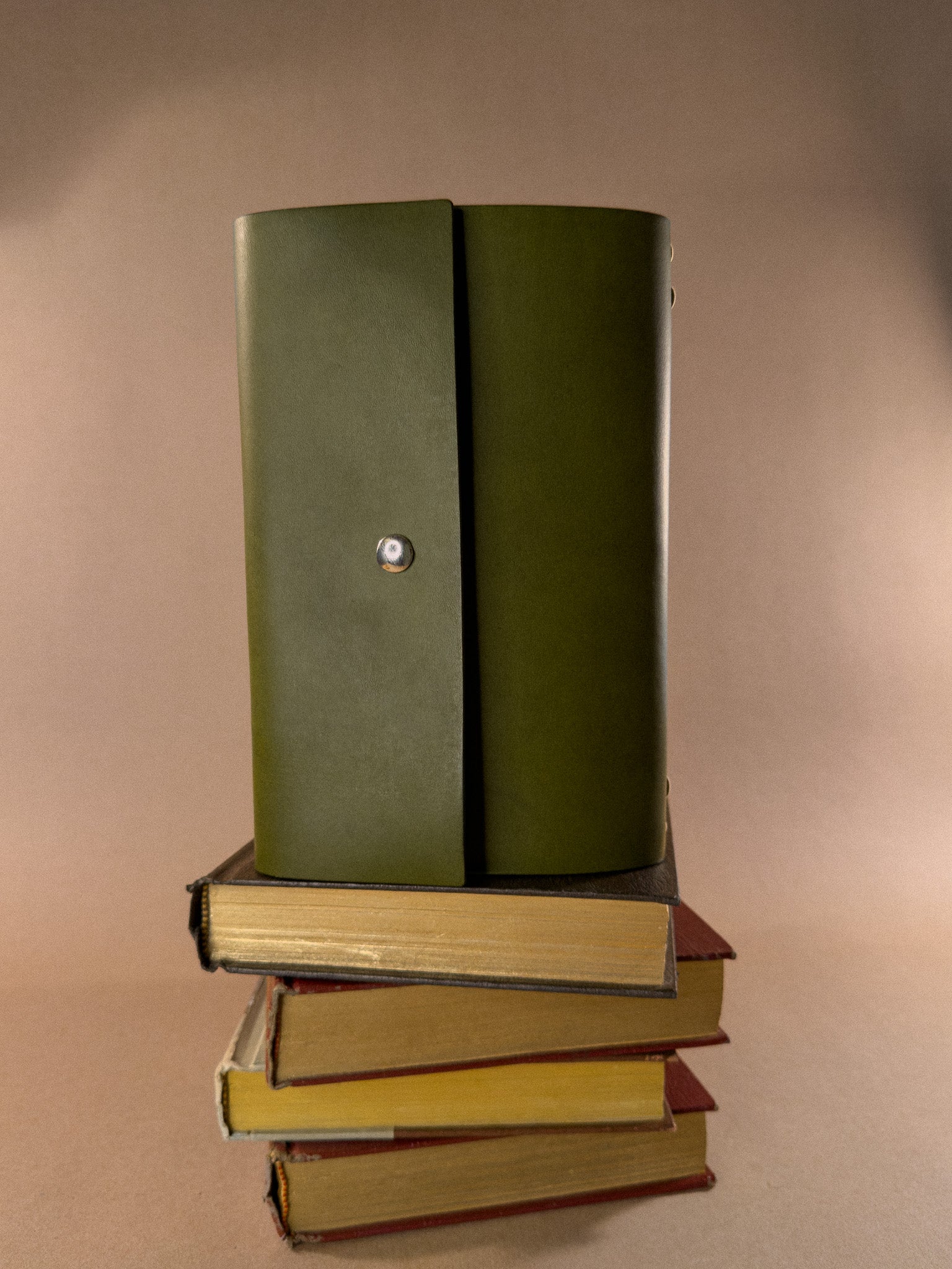 Stack of books with a leather journal on top against a beige background