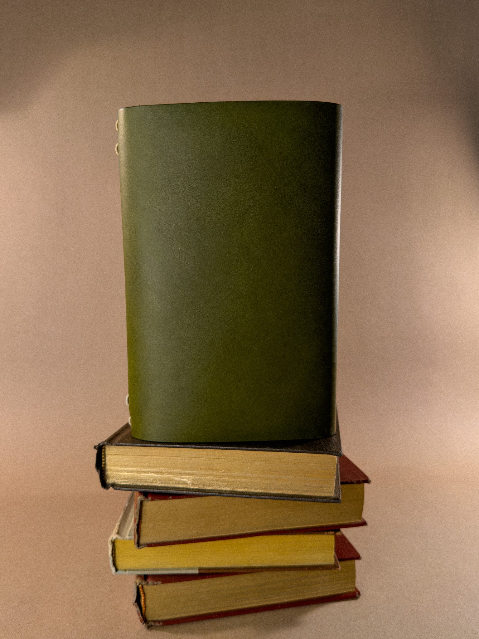 Stack of books with a leather journal on top against a beige background