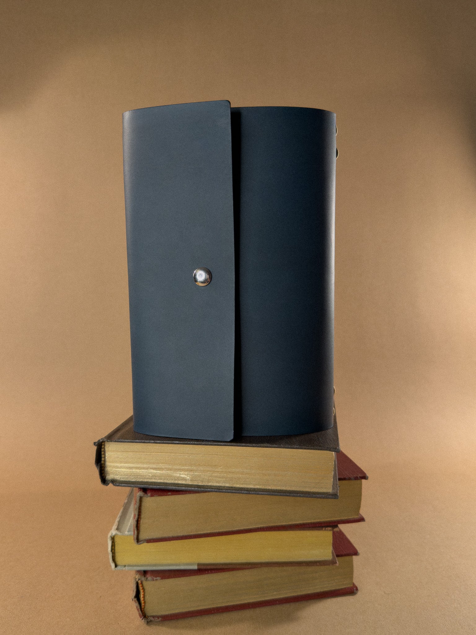Stack of books with a leather journal on top against a beige background