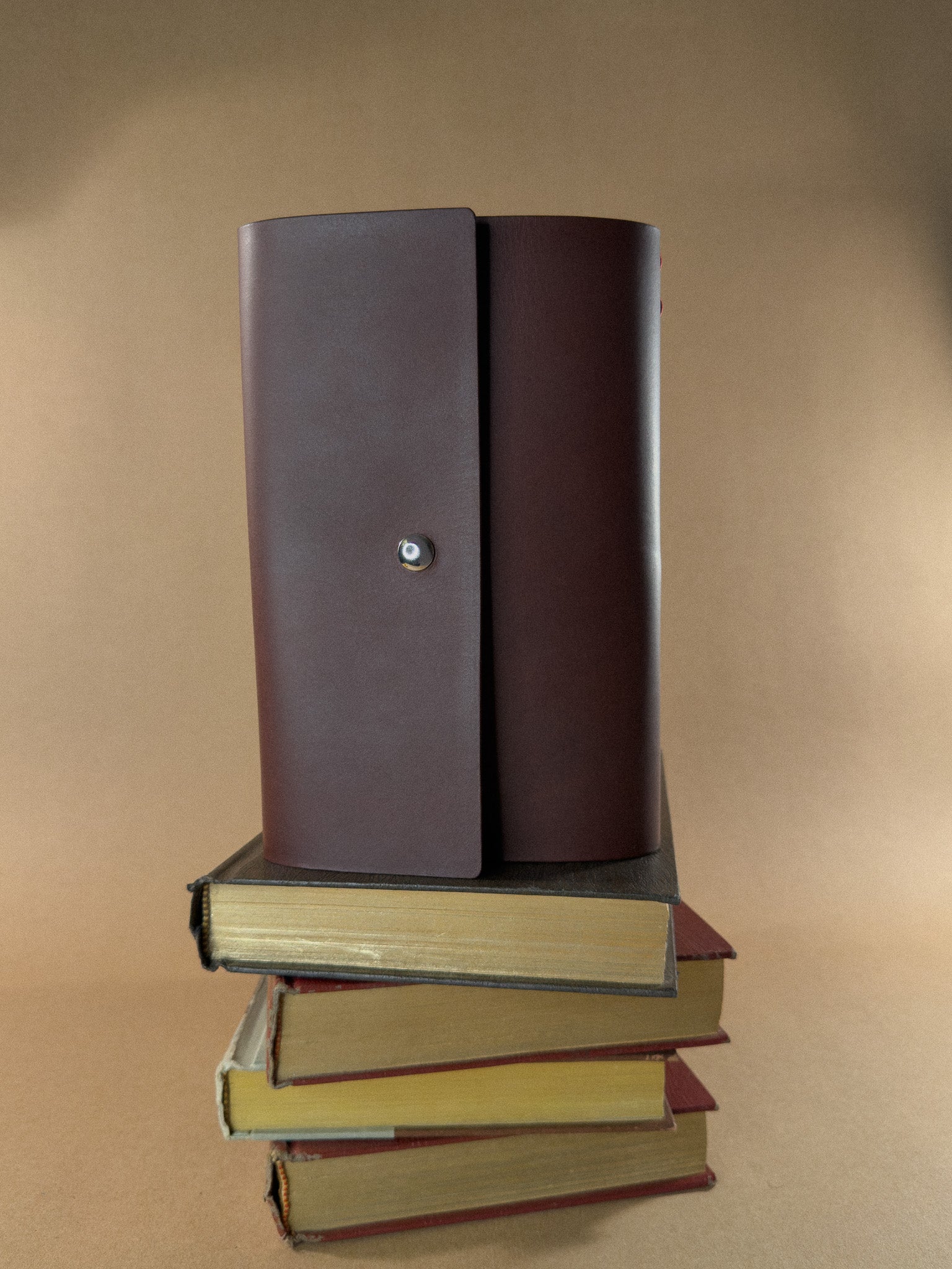 Stack of books with a brown leather journal on top against a beige background